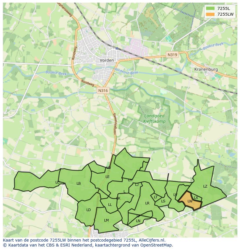 Afbeelding van het postcodegebied 7255 LW op de kaart.