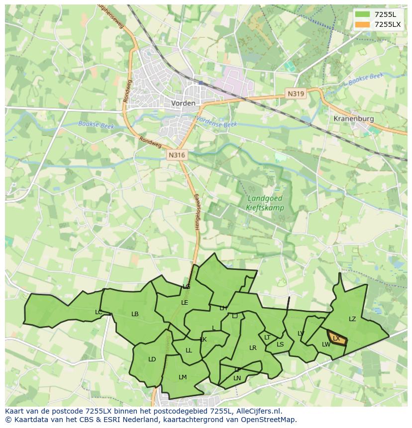 Afbeelding van het postcodegebied 7255 LX op de kaart.