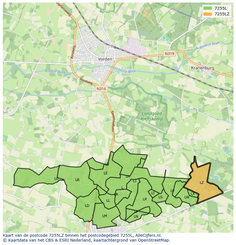 Afbeelding van het postcodegebied 7255 LZ op de kaart.