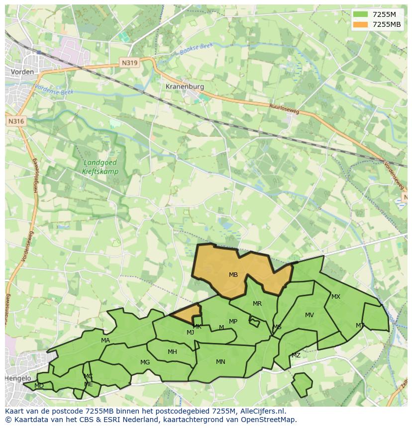 Afbeelding van het postcodegebied 7255 MB op de kaart.