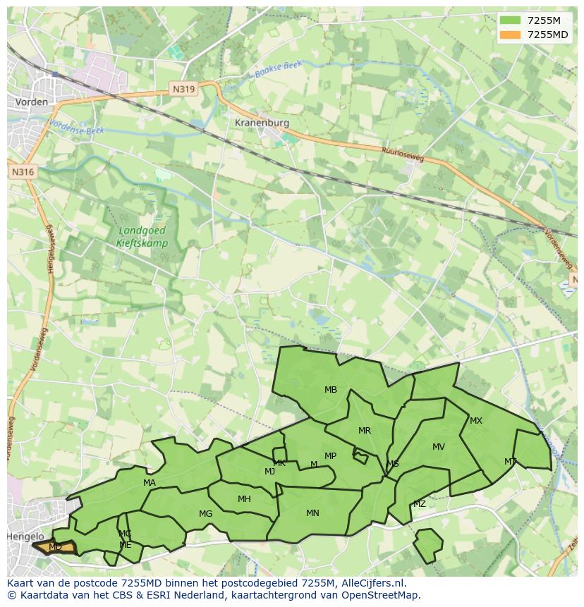 Afbeelding van het postcodegebied 7255 MD op de kaart.