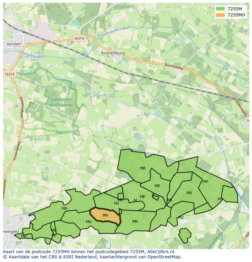 Afbeelding van het postcodegebied 7255 MH op de kaart.