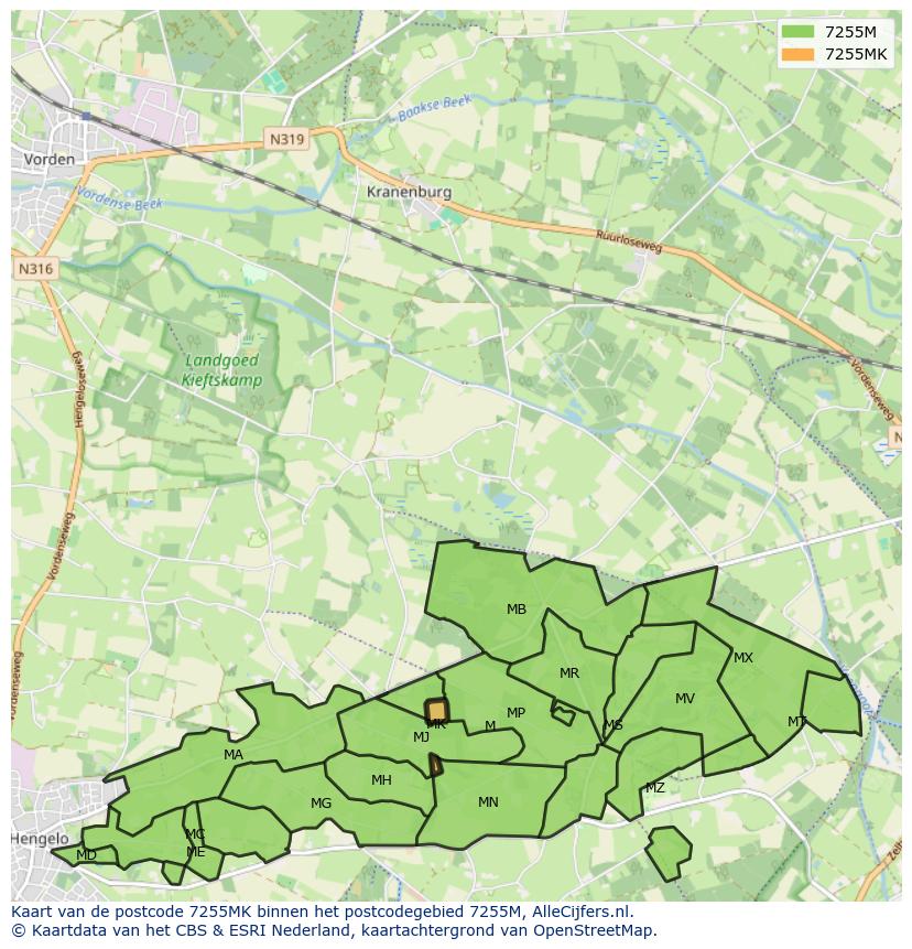 Afbeelding van het postcodegebied 7255 MK op de kaart.