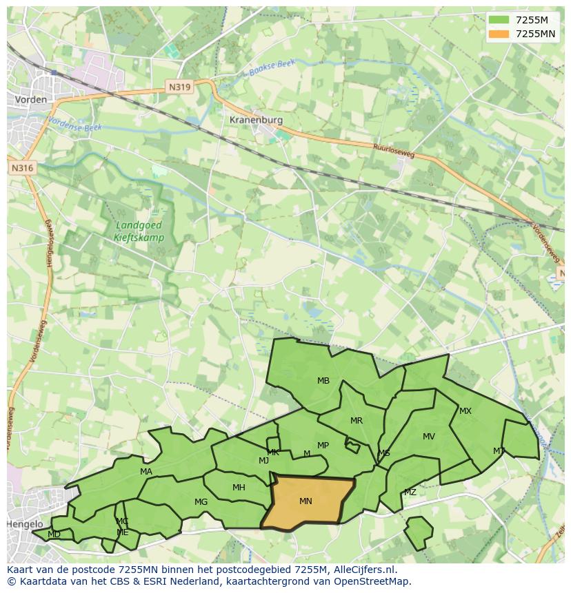 Afbeelding van het postcodegebied 7255 MN op de kaart.