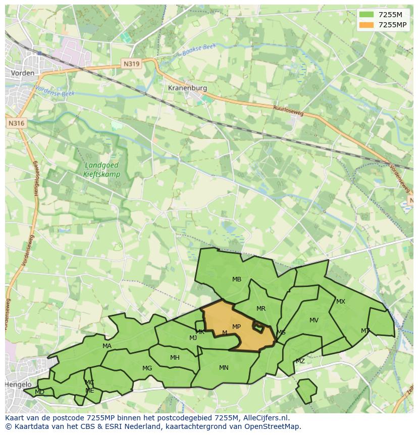 Afbeelding van het postcodegebied 7255 MP op de kaart.