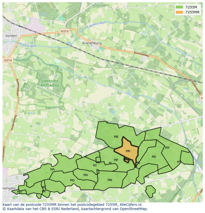 Afbeelding van het postcodegebied 7255 MR op de kaart.