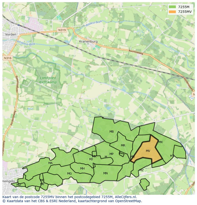 Afbeelding van het postcodegebied 7255 MV op de kaart.