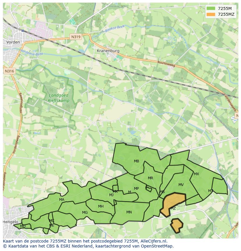 Afbeelding van het postcodegebied 7255 MZ op de kaart.