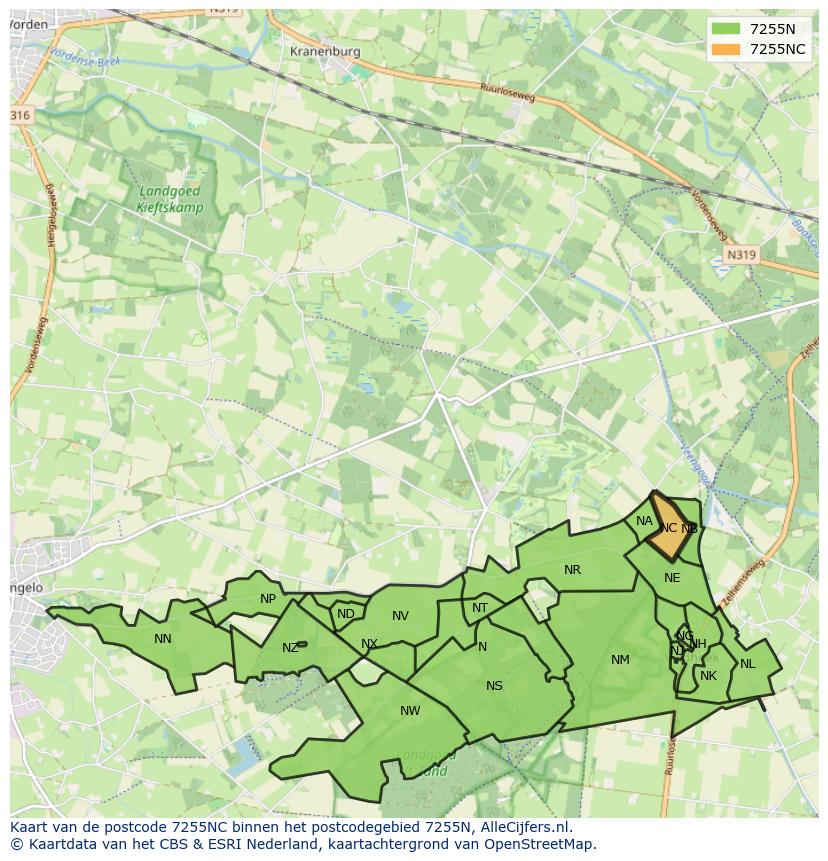 Afbeelding van het postcodegebied 7255 NC op de kaart.
