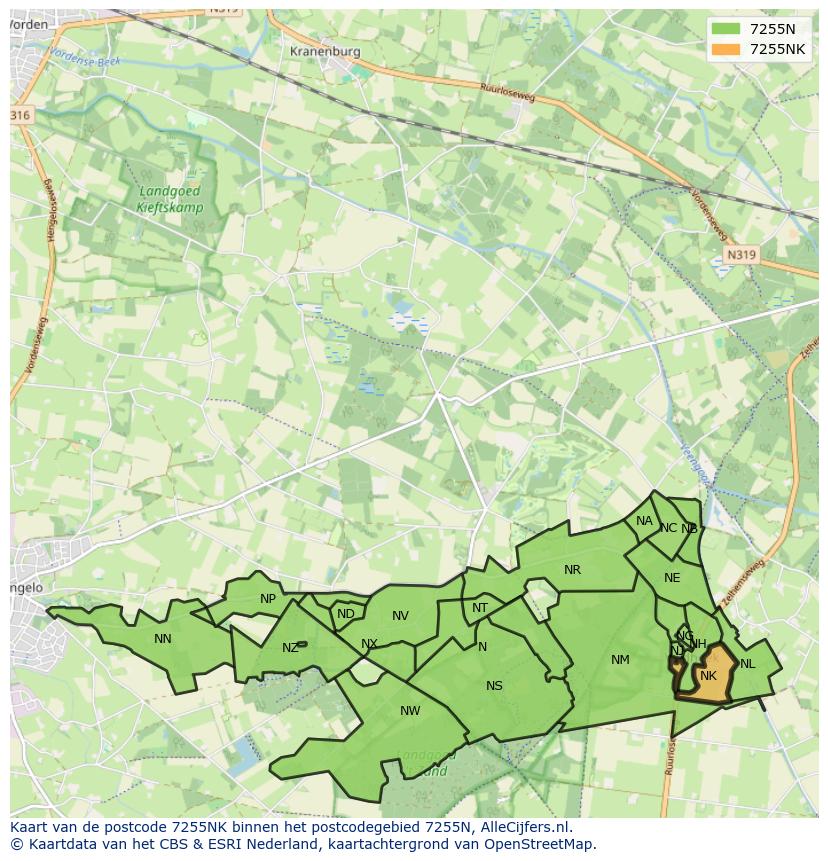 Afbeelding van het postcodegebied 7255 NK op de kaart.