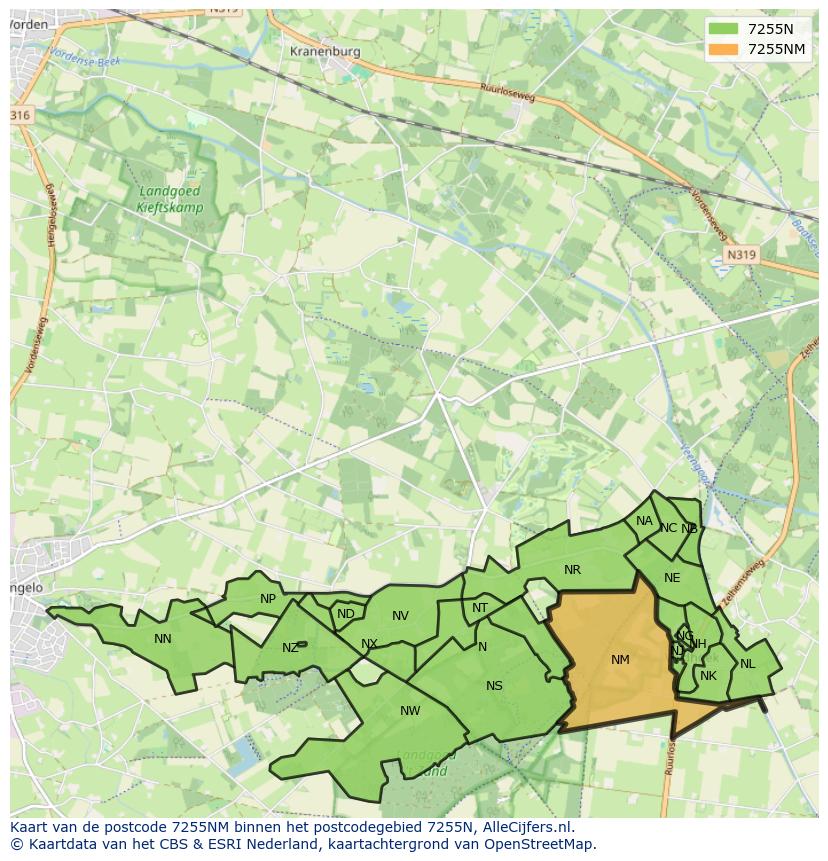Afbeelding van het postcodegebied 7255 NM op de kaart.