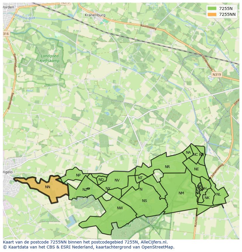 Afbeelding van het postcodegebied 7255 NN op de kaart.