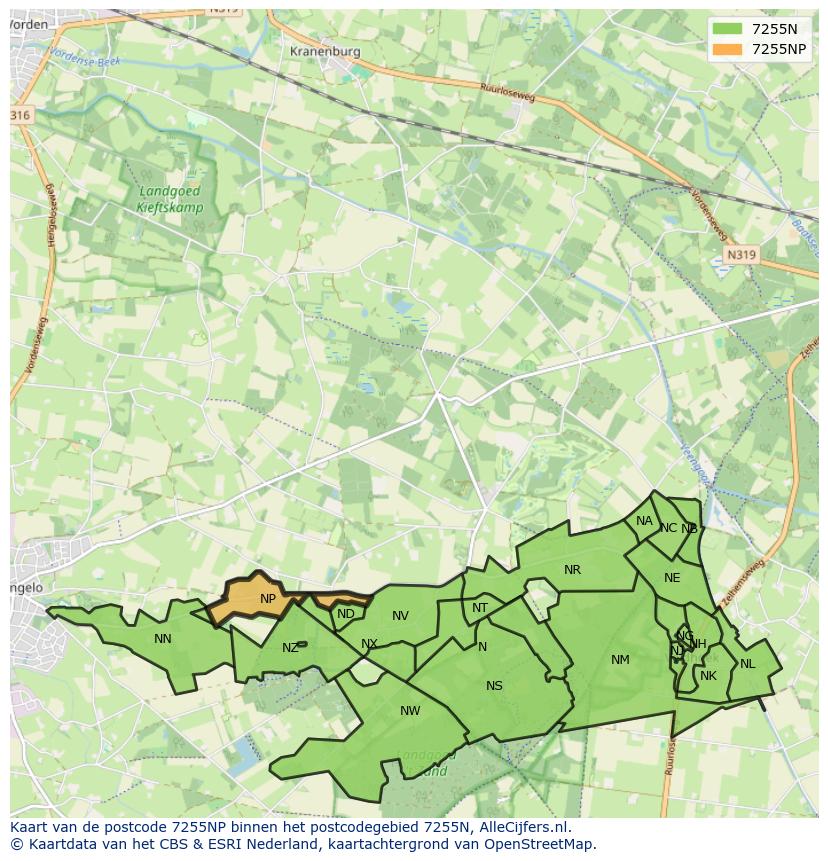 Afbeelding van het postcodegebied 7255 NP op de kaart.