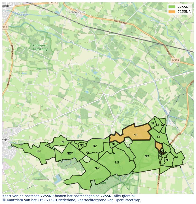 Afbeelding van het postcodegebied 7255 NR op de kaart.