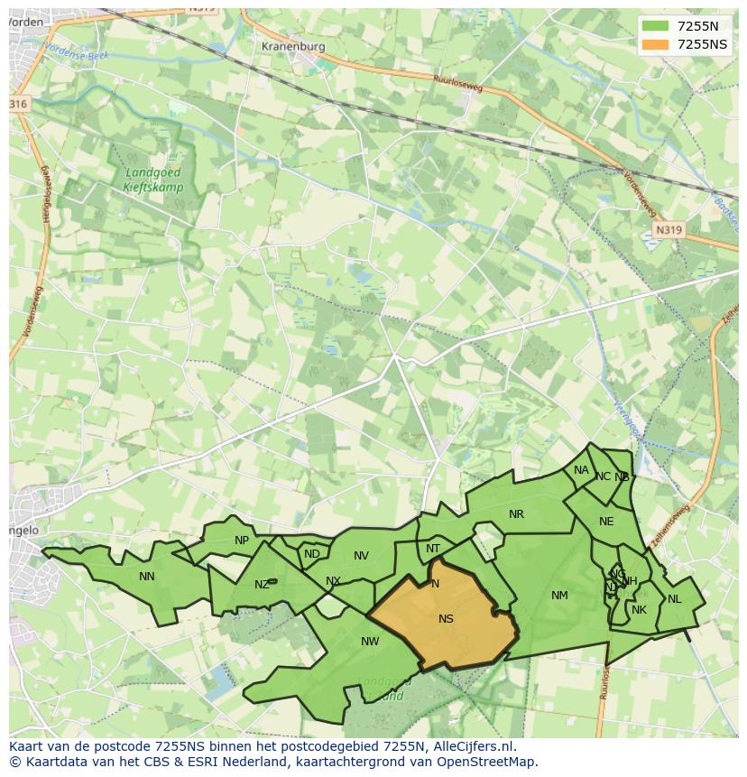 Afbeelding van het postcodegebied 7255 NS op de kaart.