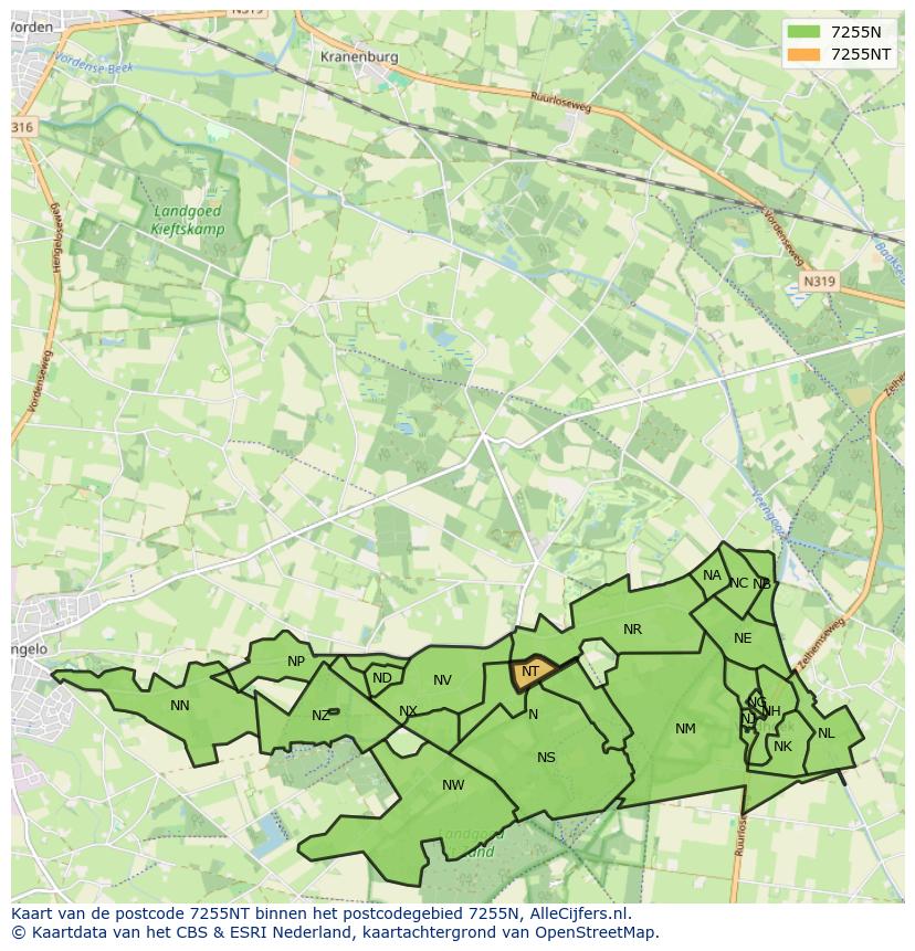 Afbeelding van het postcodegebied 7255 NT op de kaart.