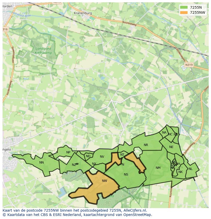Afbeelding van het postcodegebied 7255 NW op de kaart.