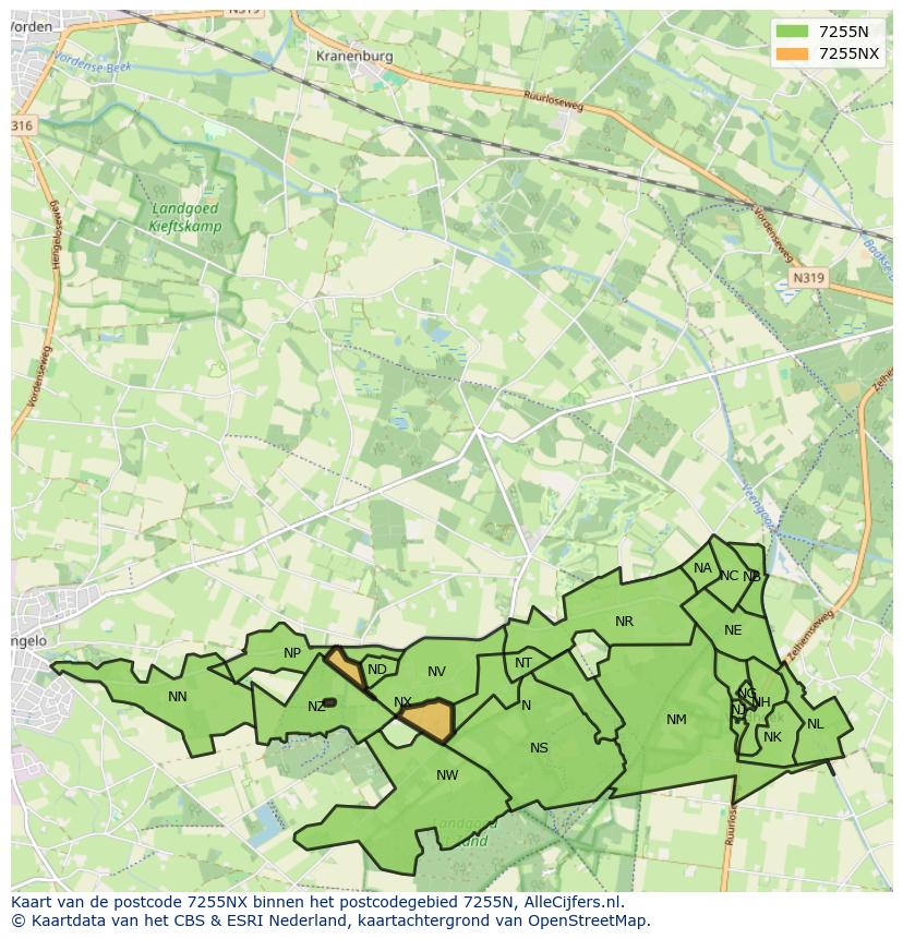 Afbeelding van het postcodegebied 7255 NX op de kaart.