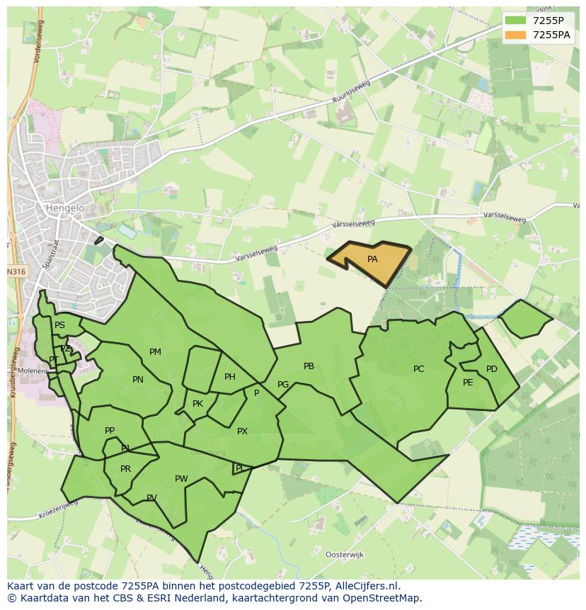 Afbeelding van het postcodegebied 7255 PA op de kaart.