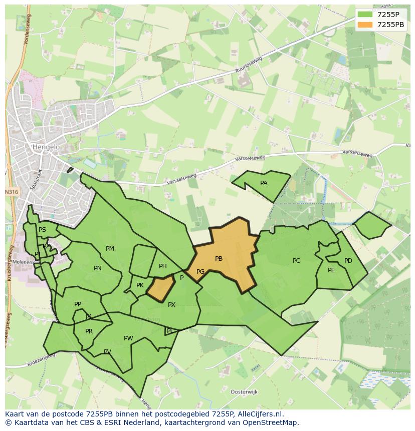 Afbeelding van het postcodegebied 7255 PB op de kaart.