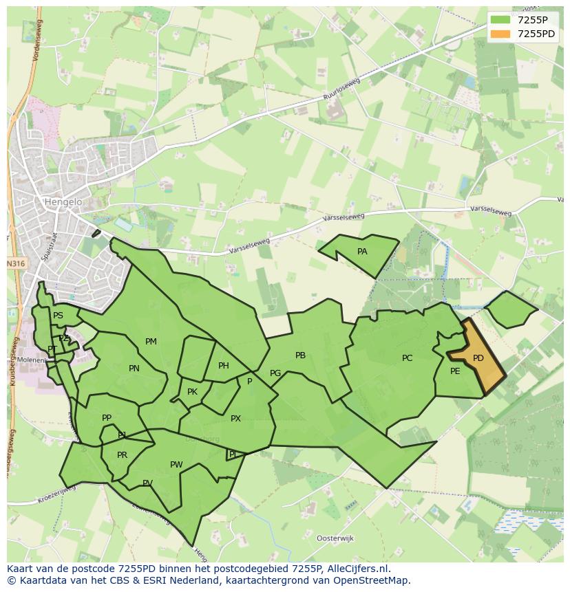 Afbeelding van het postcodegebied 7255 PD op de kaart.