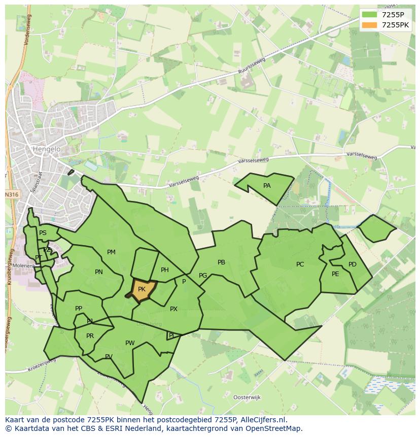 Afbeelding van het postcodegebied 7255 PK op de kaart.