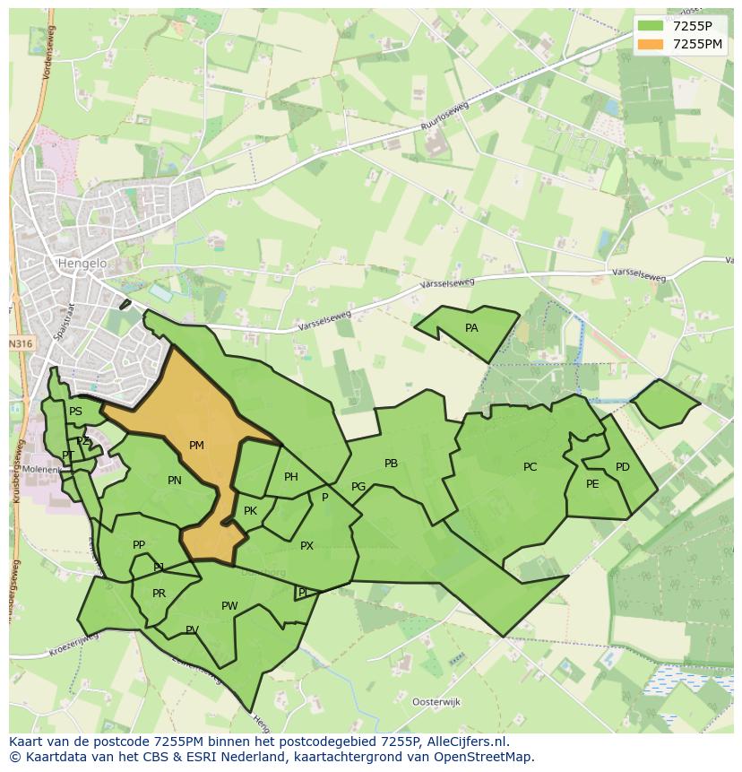 Afbeelding van het postcodegebied 7255 PM op de kaart.