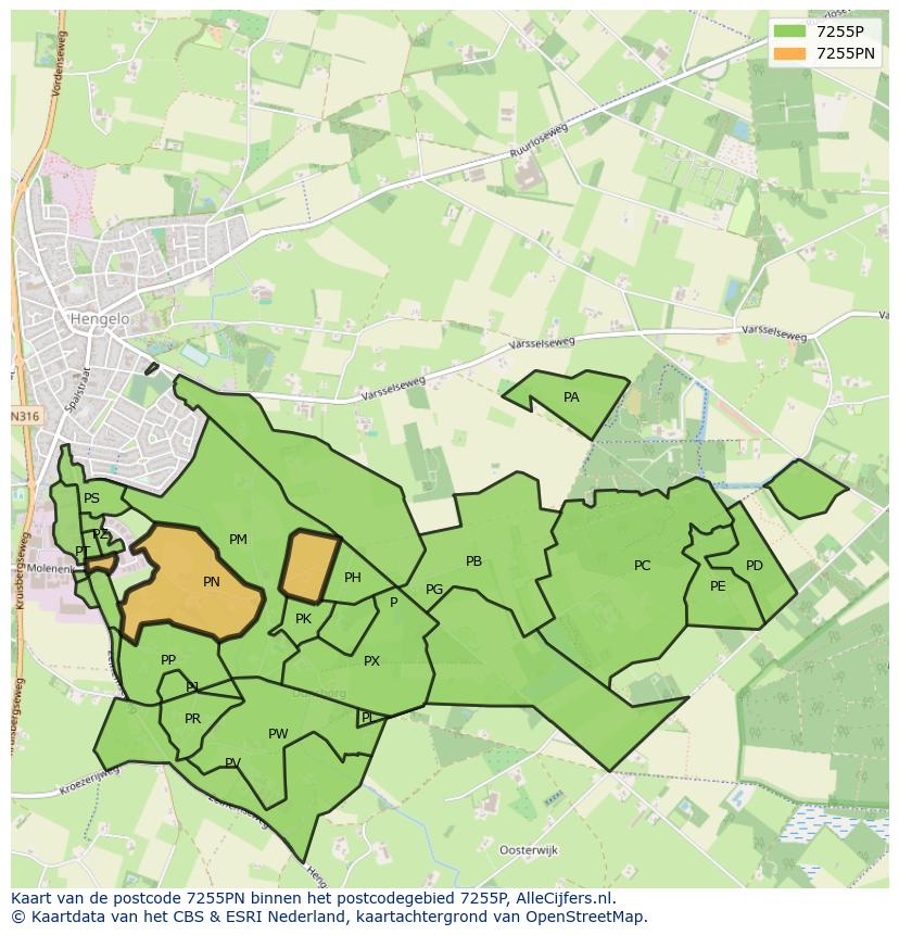 Afbeelding van het postcodegebied 7255 PN op de kaart.