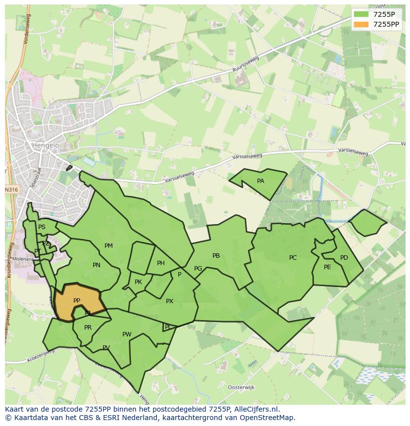 Afbeelding van het postcodegebied 7255 PP op de kaart.
