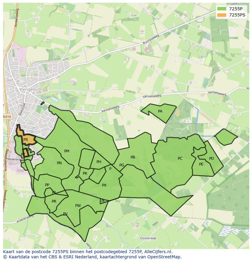 Afbeelding van het postcodegebied 7255 PS op de kaart.