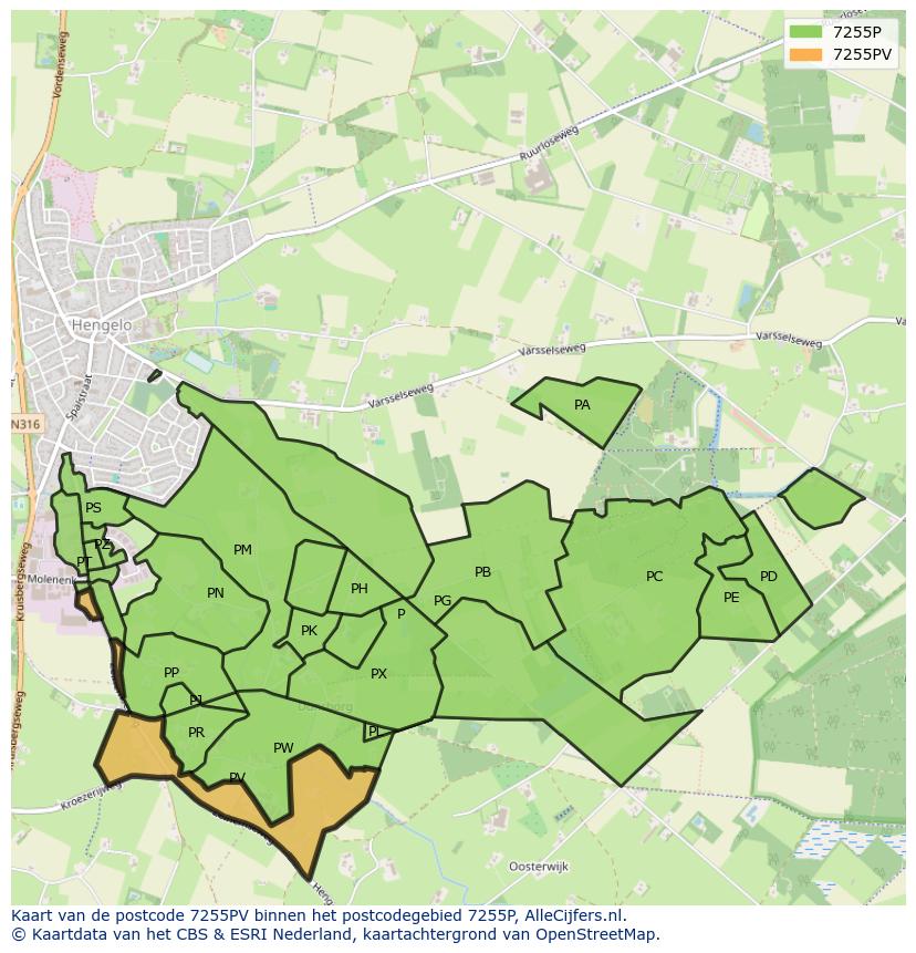 Afbeelding van het postcodegebied 7255 PV op de kaart.