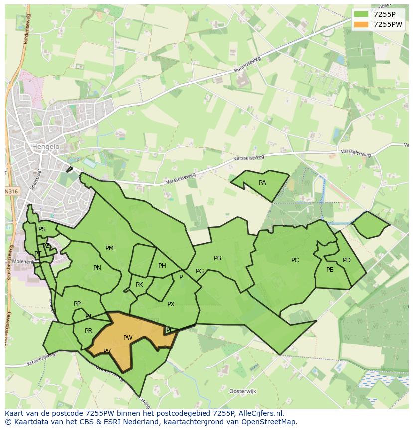 Afbeelding van het postcodegebied 7255 PW op de kaart.