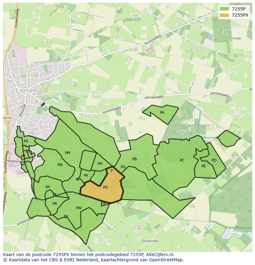 Afbeelding van het postcodegebied 7255 PX op de kaart.
