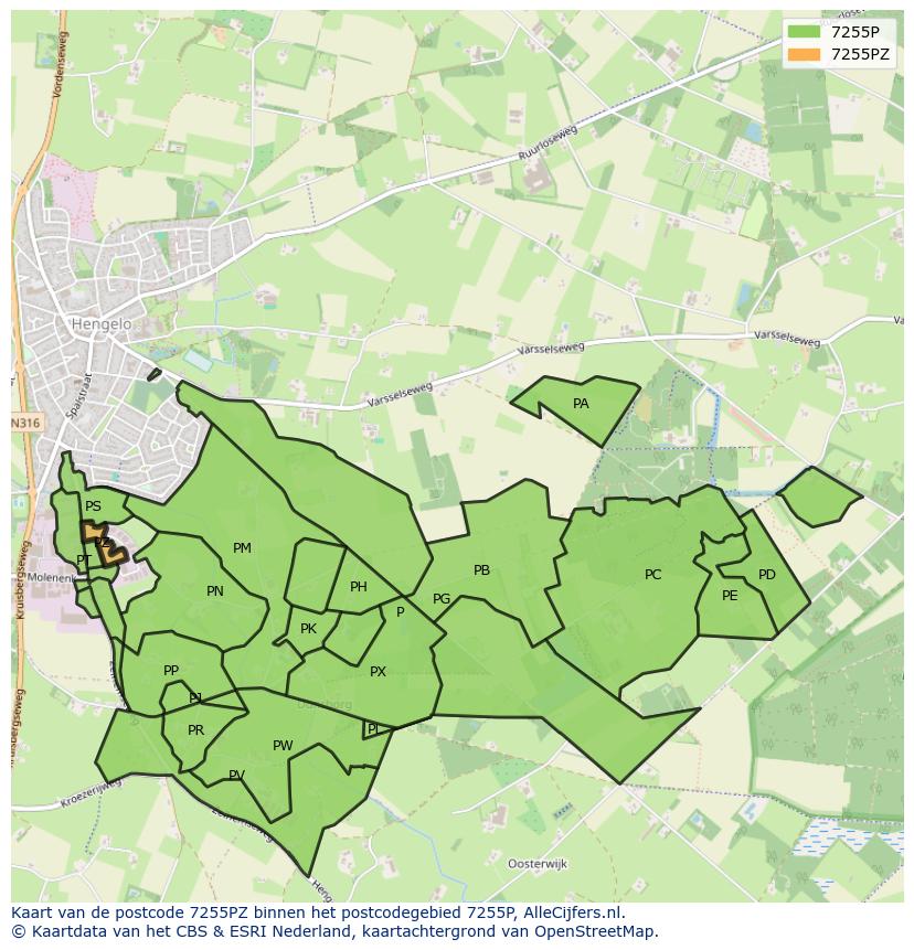 Afbeelding van het postcodegebied 7255 PZ op de kaart.