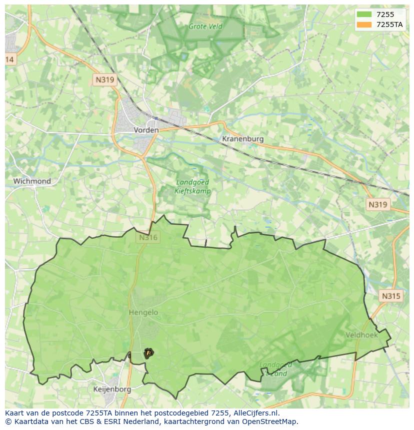 Afbeelding van het postcodegebied 7255 TA op de kaart.