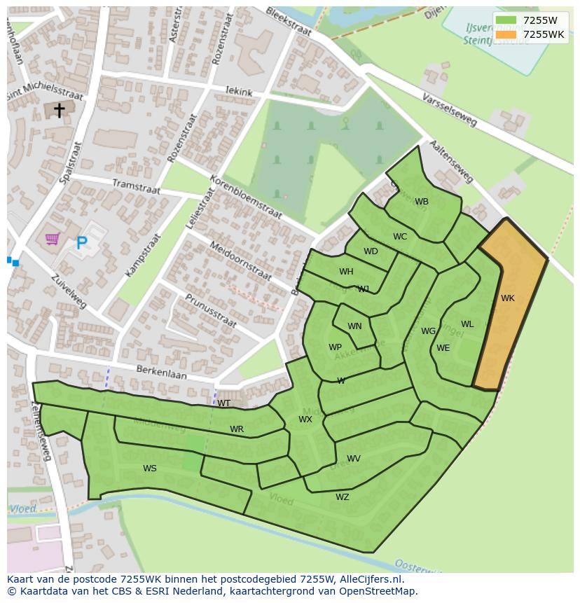 Afbeelding van het postcodegebied 7255 WK op de kaart.