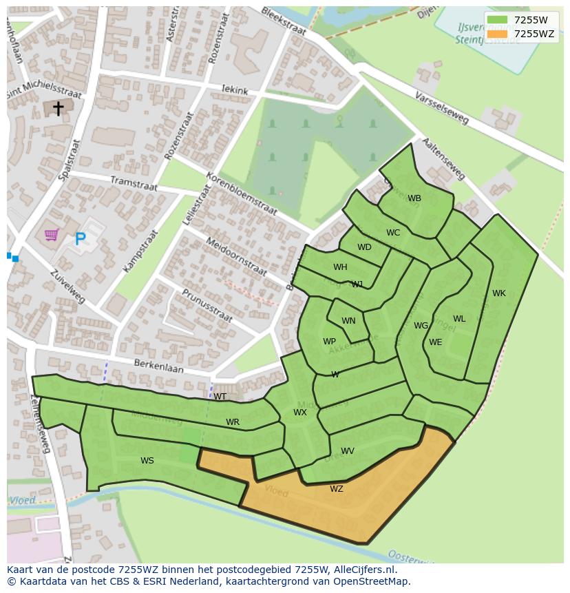 Afbeelding van het postcodegebied 7255 WZ op de kaart.