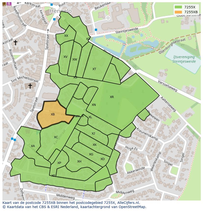 Afbeelding van het postcodegebied 7255 XB op de kaart.