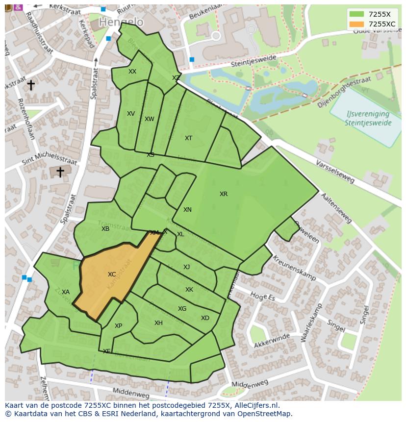 Afbeelding van het postcodegebied 7255 XC op de kaart.