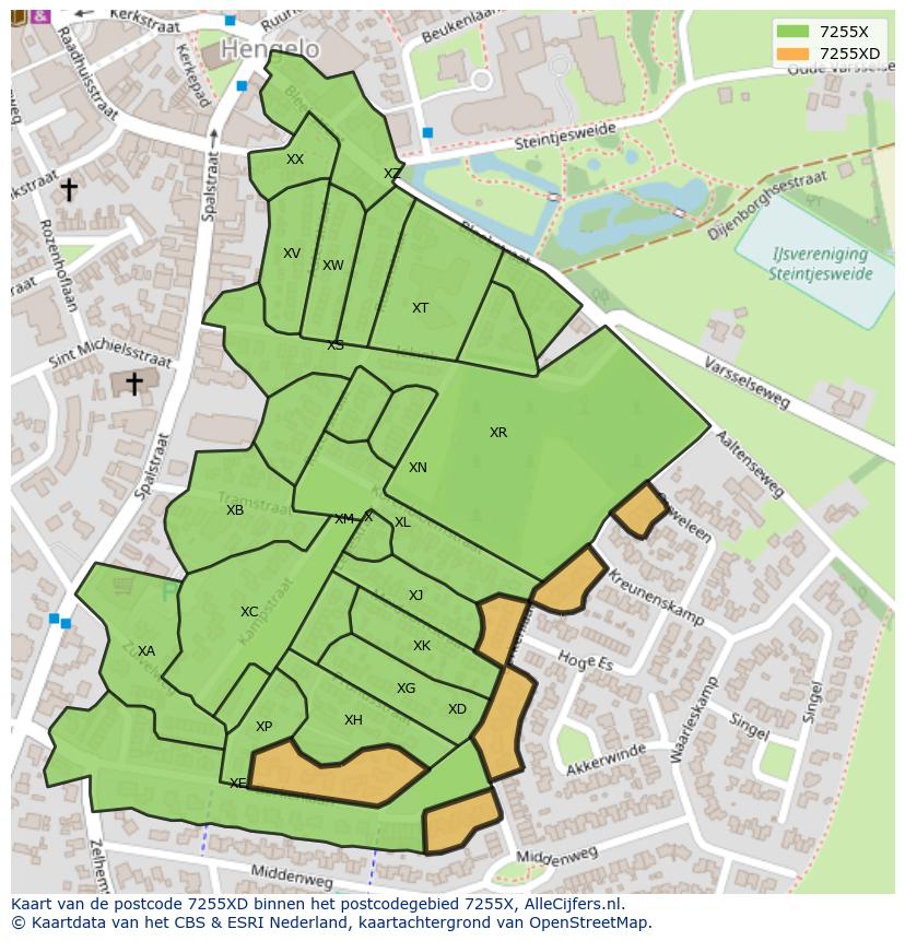 Afbeelding van het postcodegebied 7255 XD op de kaart.