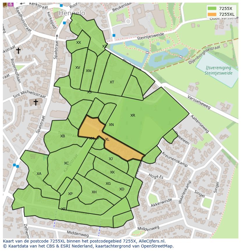 Afbeelding van het postcodegebied 7255 XL op de kaart.