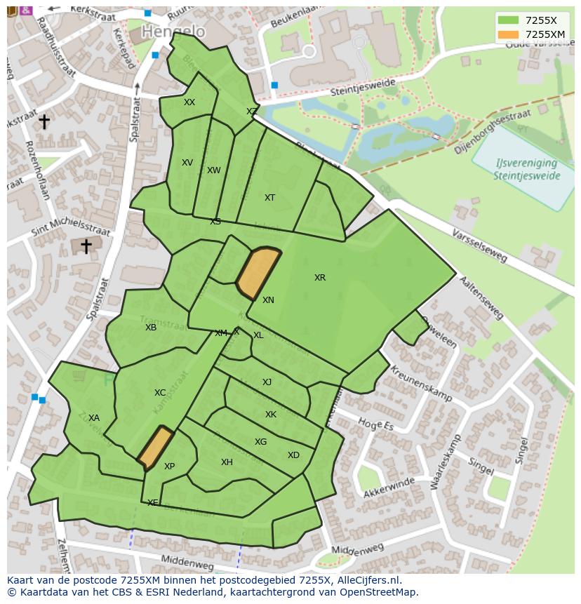 Afbeelding van het postcodegebied 7255 XM op de kaart.