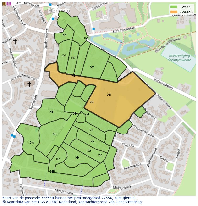 Afbeelding van het postcodegebied 7255 XR op de kaart.
