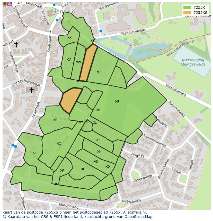 Afbeelding van het postcodegebied 7255 XS op de kaart.