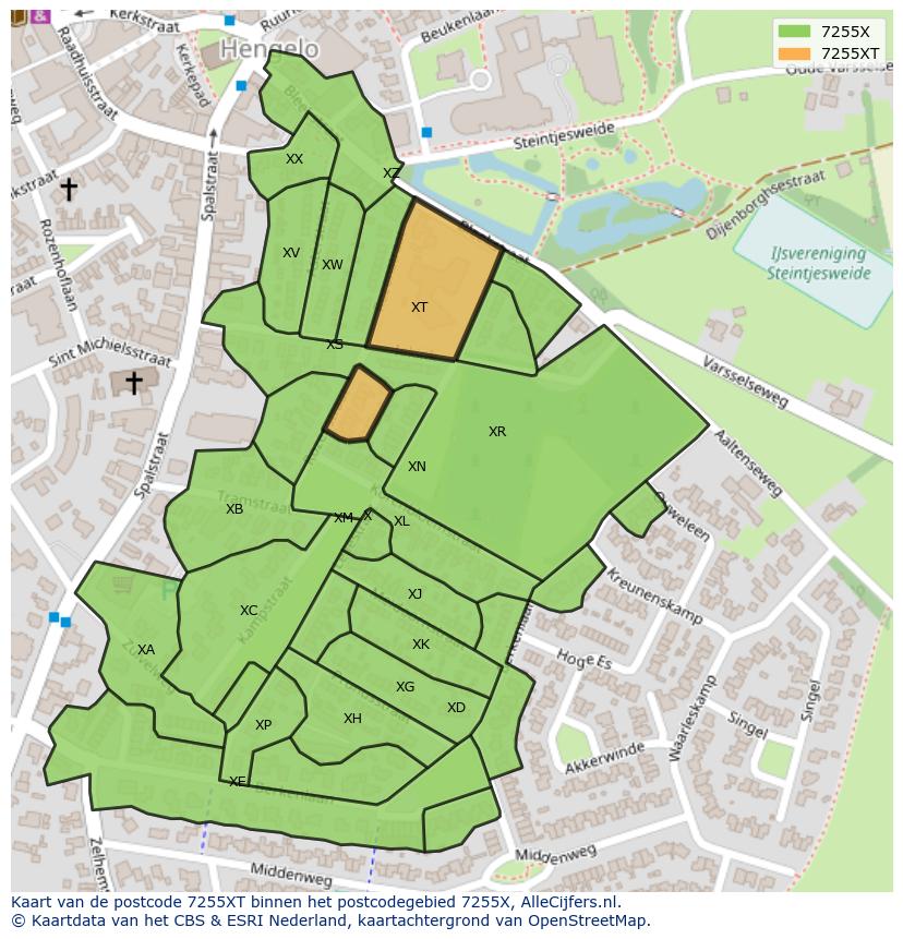 Afbeelding van het postcodegebied 7255 XT op de kaart.
