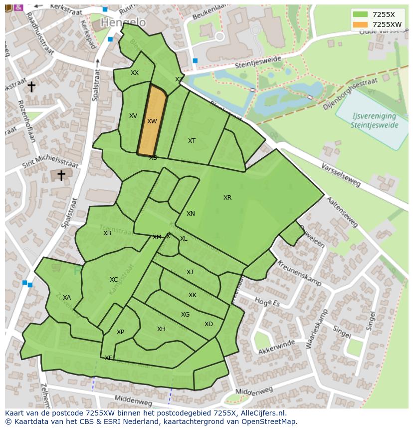 Afbeelding van het postcodegebied 7255 XW op de kaart.