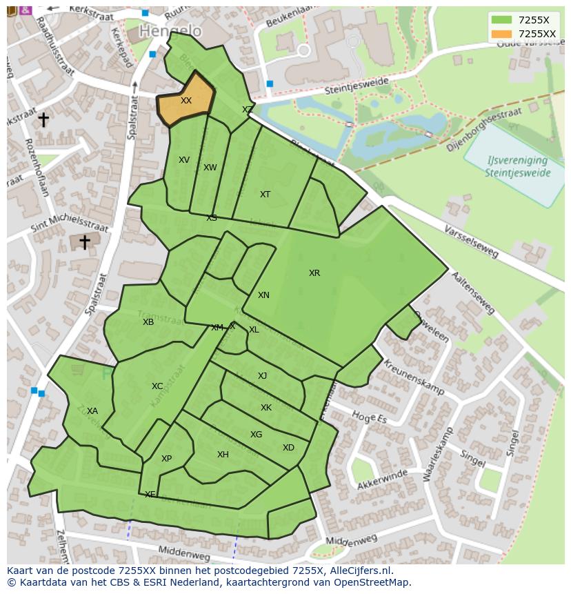 Afbeelding van het postcodegebied 7255 XX op de kaart.