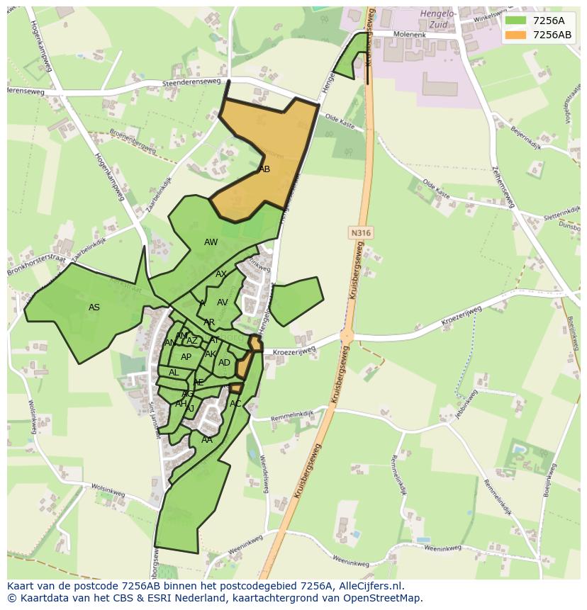 Afbeelding van het postcodegebied 7256 AB op de kaart.