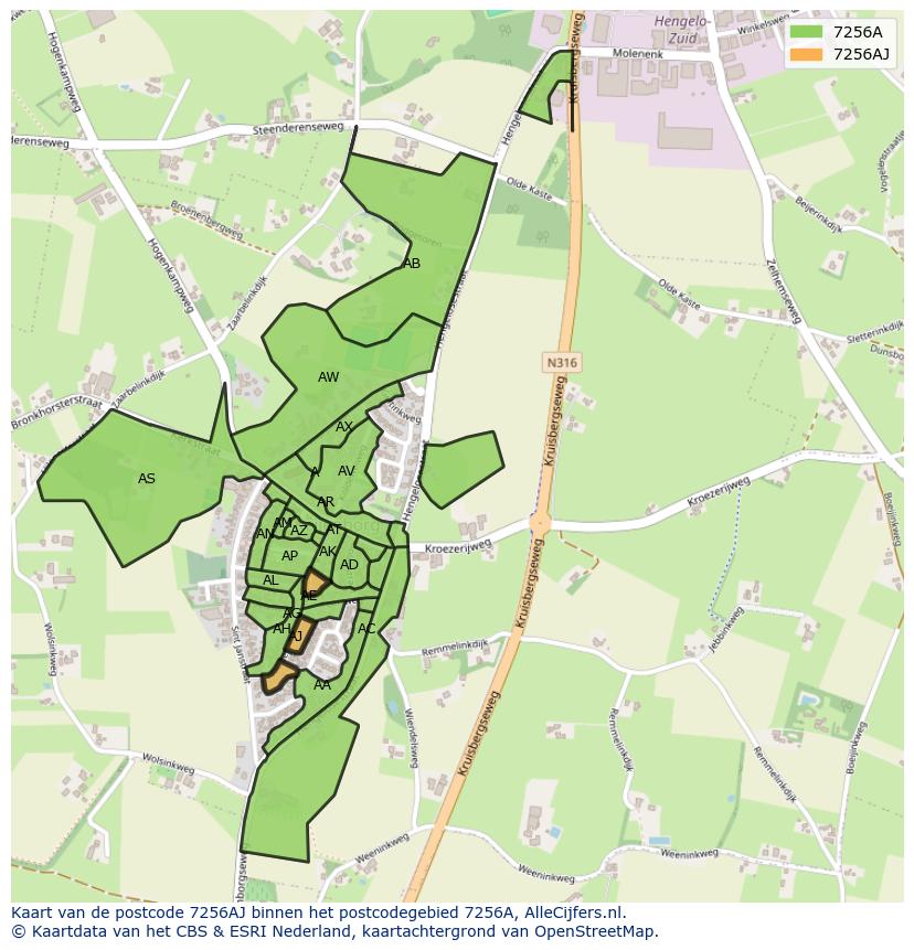 Afbeelding van het postcodegebied 7256 AJ op de kaart.