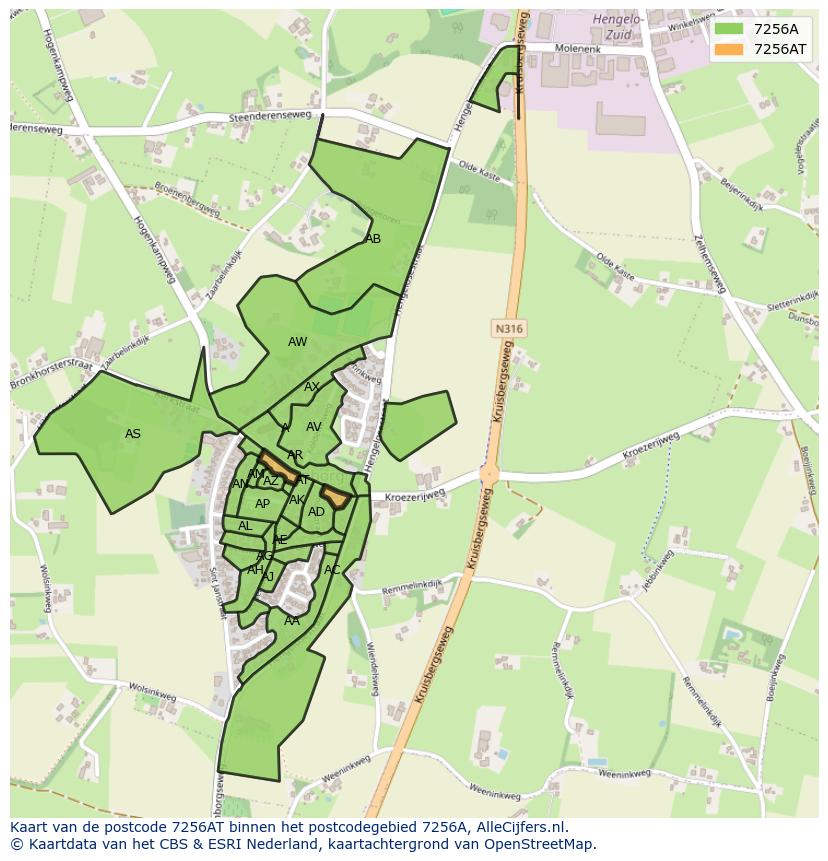 Afbeelding van het postcodegebied 7256 AT op de kaart.